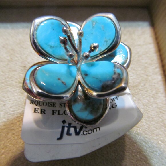 Tehya Oyama Blue Kingman turquoise flower ring Sterling Silver over Copper Sz 10 - Picture 3 of 16